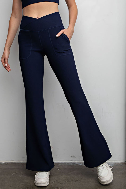 Nylon Rib V Waist Crossover Flared Leggings Blue