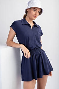 BUTTER SHORT SLEEVE QUARTER ZIP ROMPER BLUE