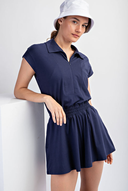 BUTTER SHORT SLEEVE QUARTER ZIP ROMPER BLUE