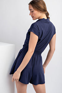 BUTTER SHORT SLEEVE QUARTER ZIP ROMPER BLUE