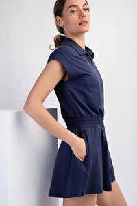 BUTTER SHORT SLEEVE QUARTER ZIP ROMPER BLUE