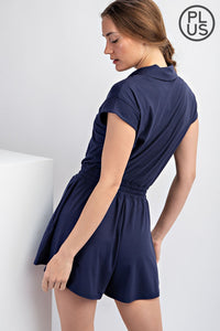 PLUS SIZE BUTTER SHORT SLEEVE QUARTER ZIP ROMPER
