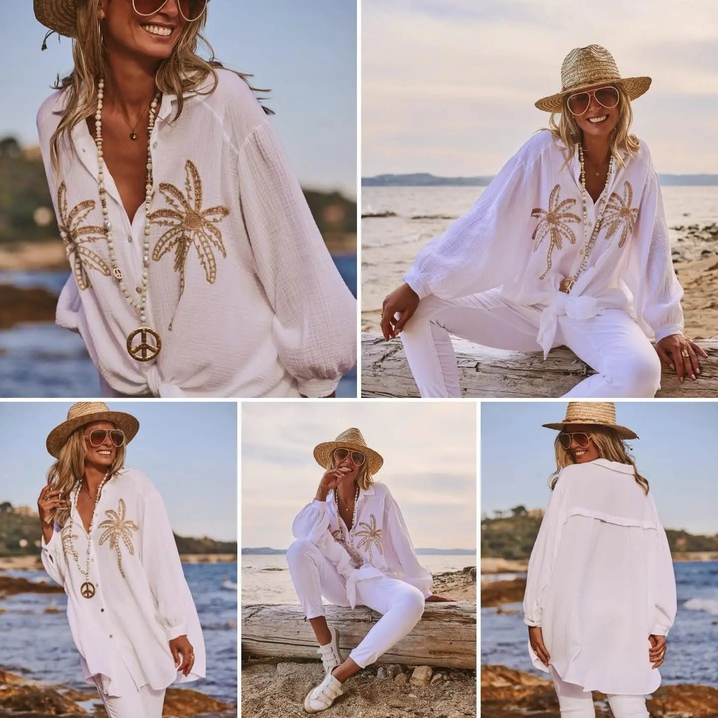 White Palm Tree Embroidered Gauze Shirt
