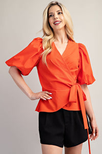 Surplice Neck Balloon Sleeve Wrap Blouse Orange