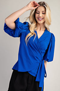 Surplice Neck Balloon Sleeve Wrap Blouse Orange