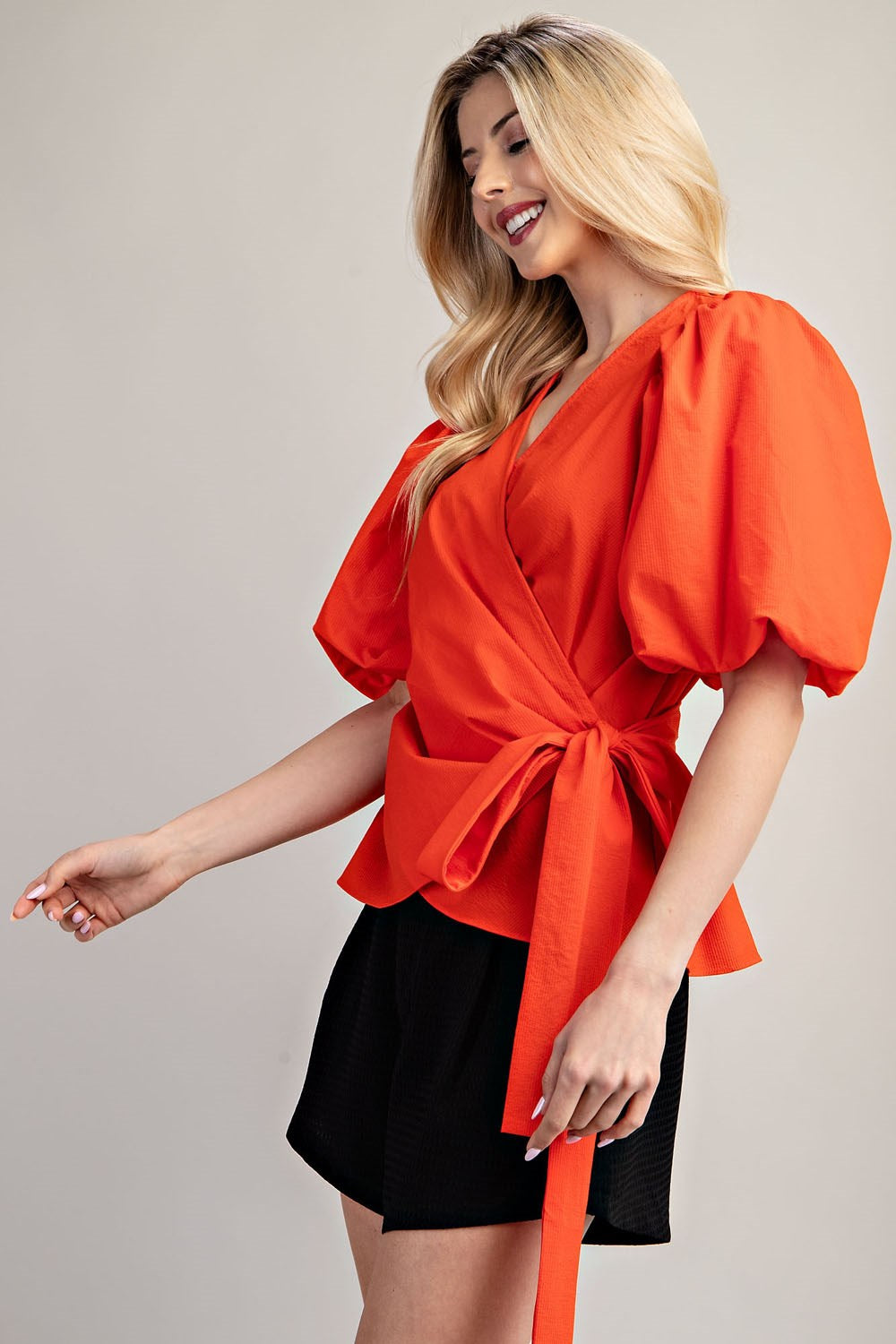 Surplice Neck Balloon Sleeve Wrap Blouse Orange