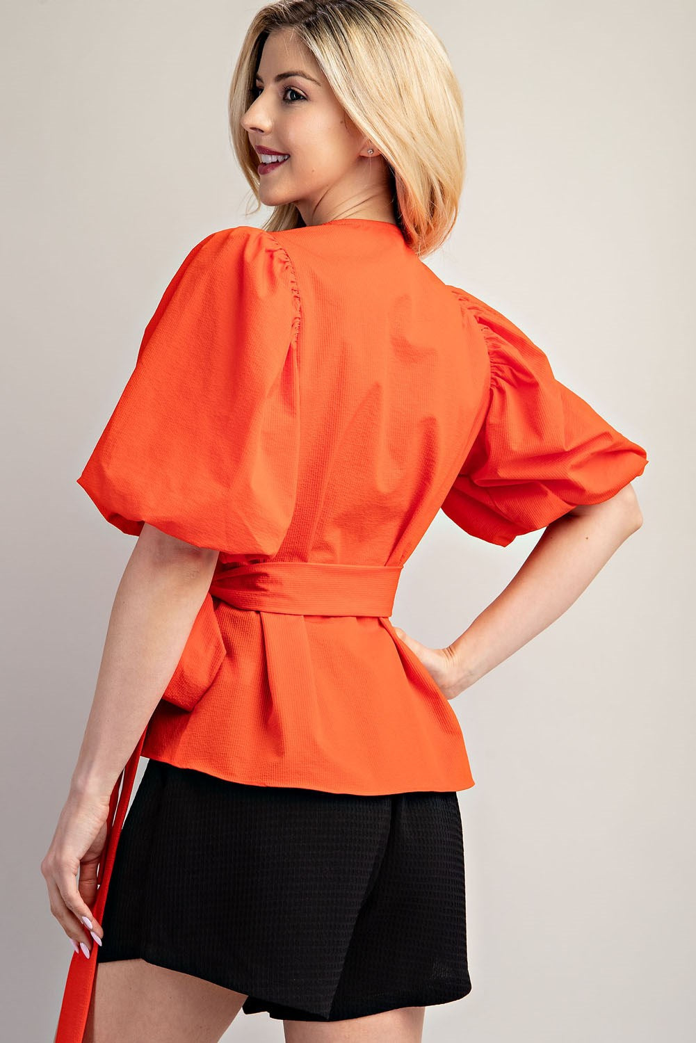 Surplice Neck Balloon Sleeve Wrap Blouse Orange