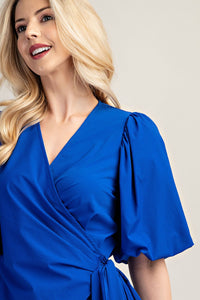 Surplice Neck Balloon Sleeve Wrap Blouse Orange