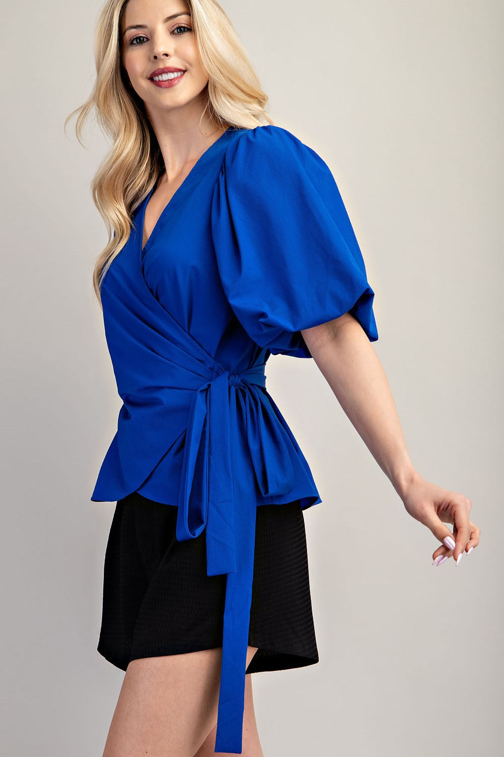 Surplice Neck Balloon Sleeve Wrap Blouse Orange