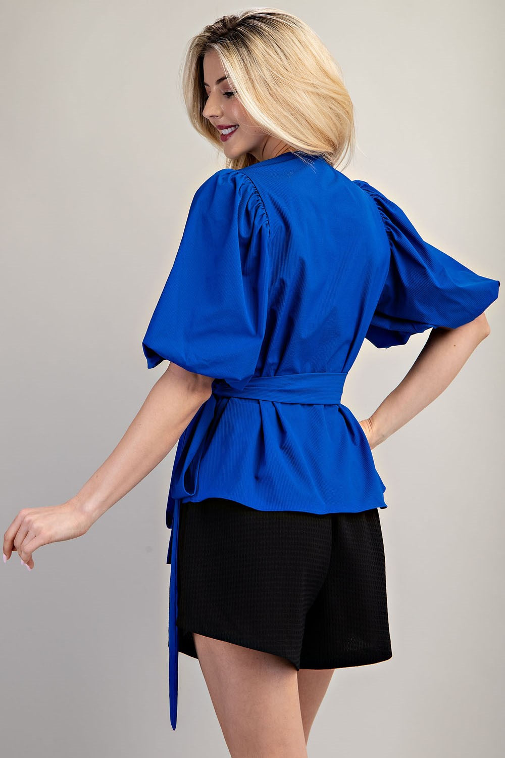 Surplice Neck Balloon Sleeve Wrap Blouse Orange