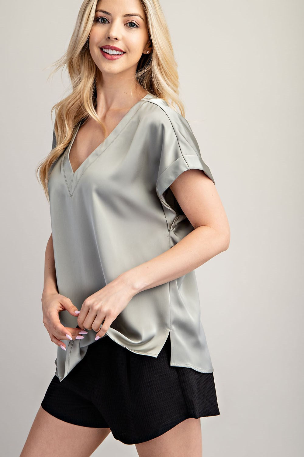 V-Neck Short-Sleeve Top Gray
