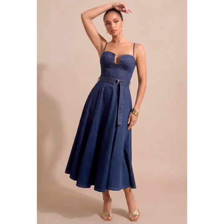 Denim Bustier Midi Dress with Belted Waist, M