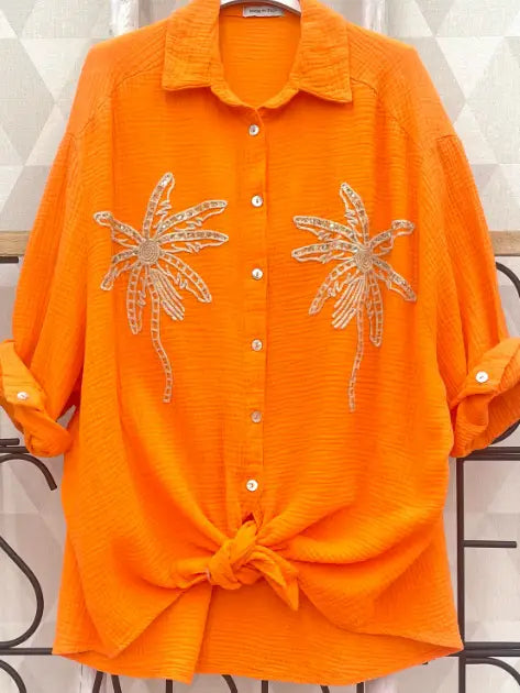Orange Palm Tree Embroidered Gauze Shirt