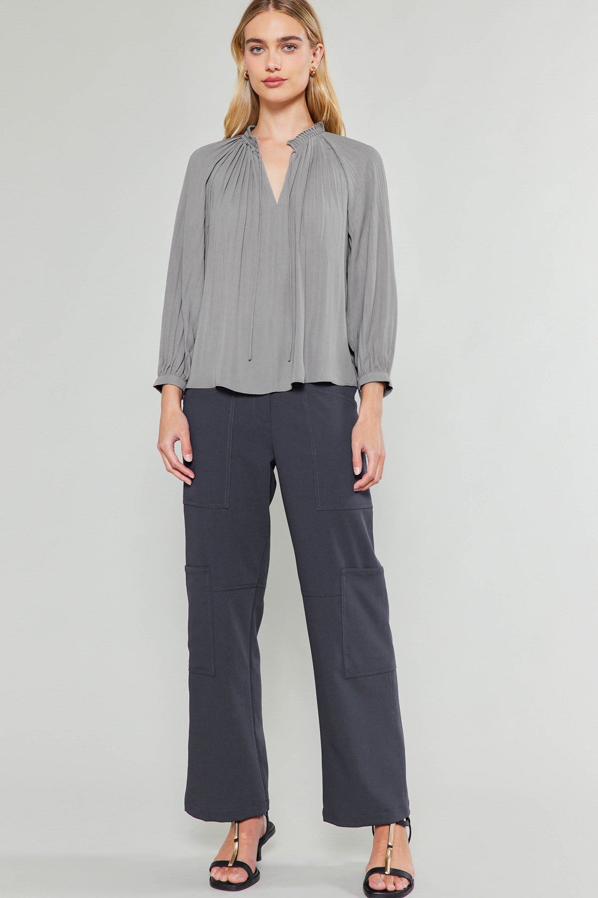 Pleated Smocked Blouse in Slate Gray