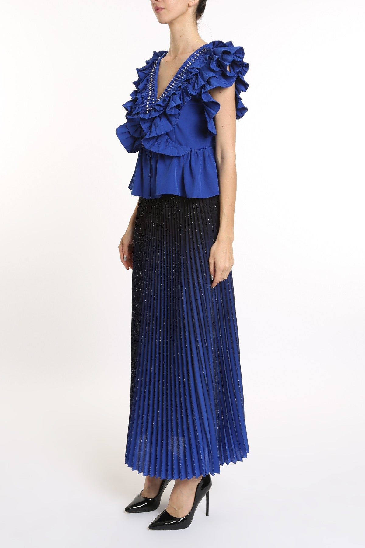 EMBELLISHED RUFFLES TRIM DETAIL V-NECK BLOUSE