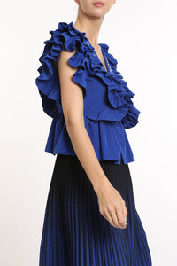 EMBELLISHED RUFFLES TRIM DETAIL V-NECK BLOUSE