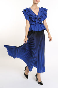 EMBELLISHED RUFFLES TRIM DETAIL V-NECK BLOUSE