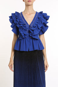 EMBELLISHED RUFFLES TRIM DETAIL V-NECK BLOUSE
