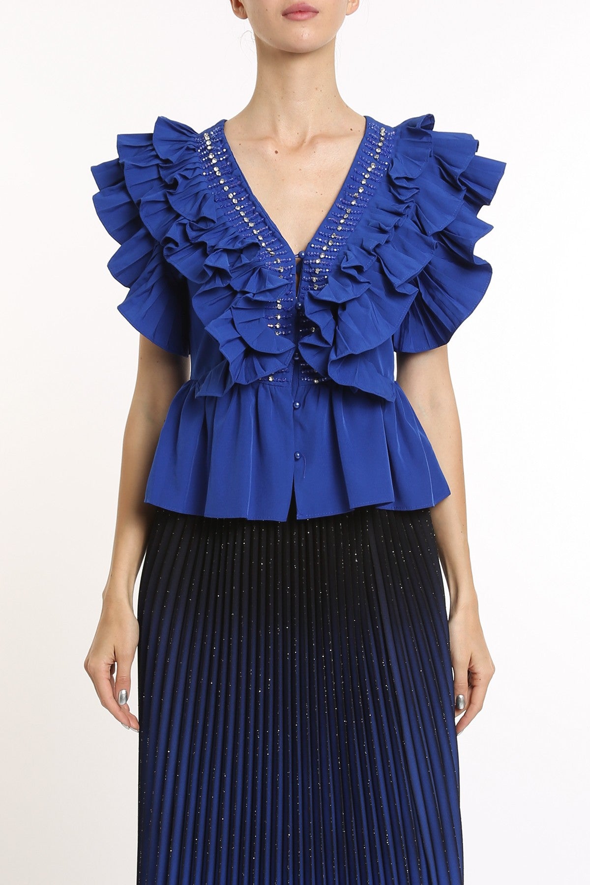 EMBELLISHED RUFFLES TRIM DETAIL V-NECK BLOUSE