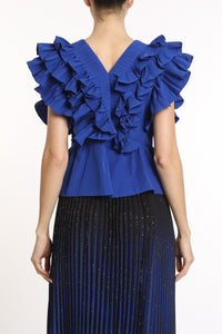 EMBELLISHED RUFFLES TRIM DETAIL V-NECK BLOUSE