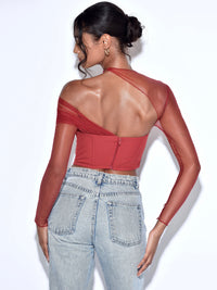 Burgundy Stretch Mesh Sleeve Corset Top