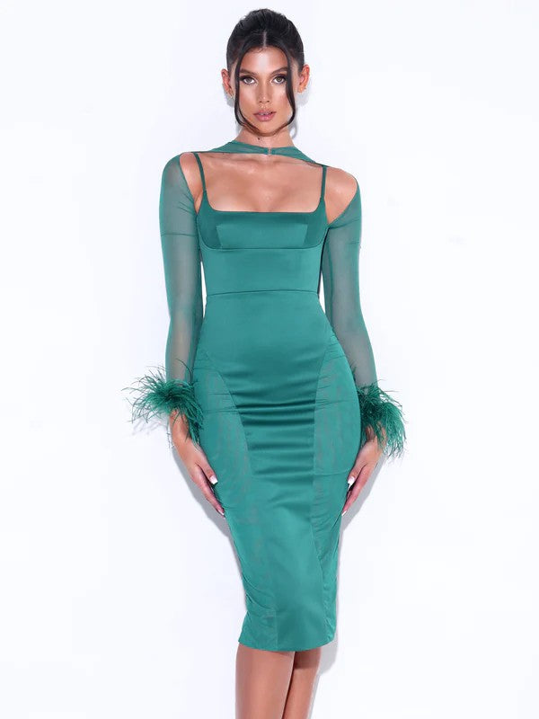 Emerald Green Satin Mesh Sleeve Dress XXS / Emerald Green Emerald Green Satin Mesh Sleeve Dress XXS / Emerald Green