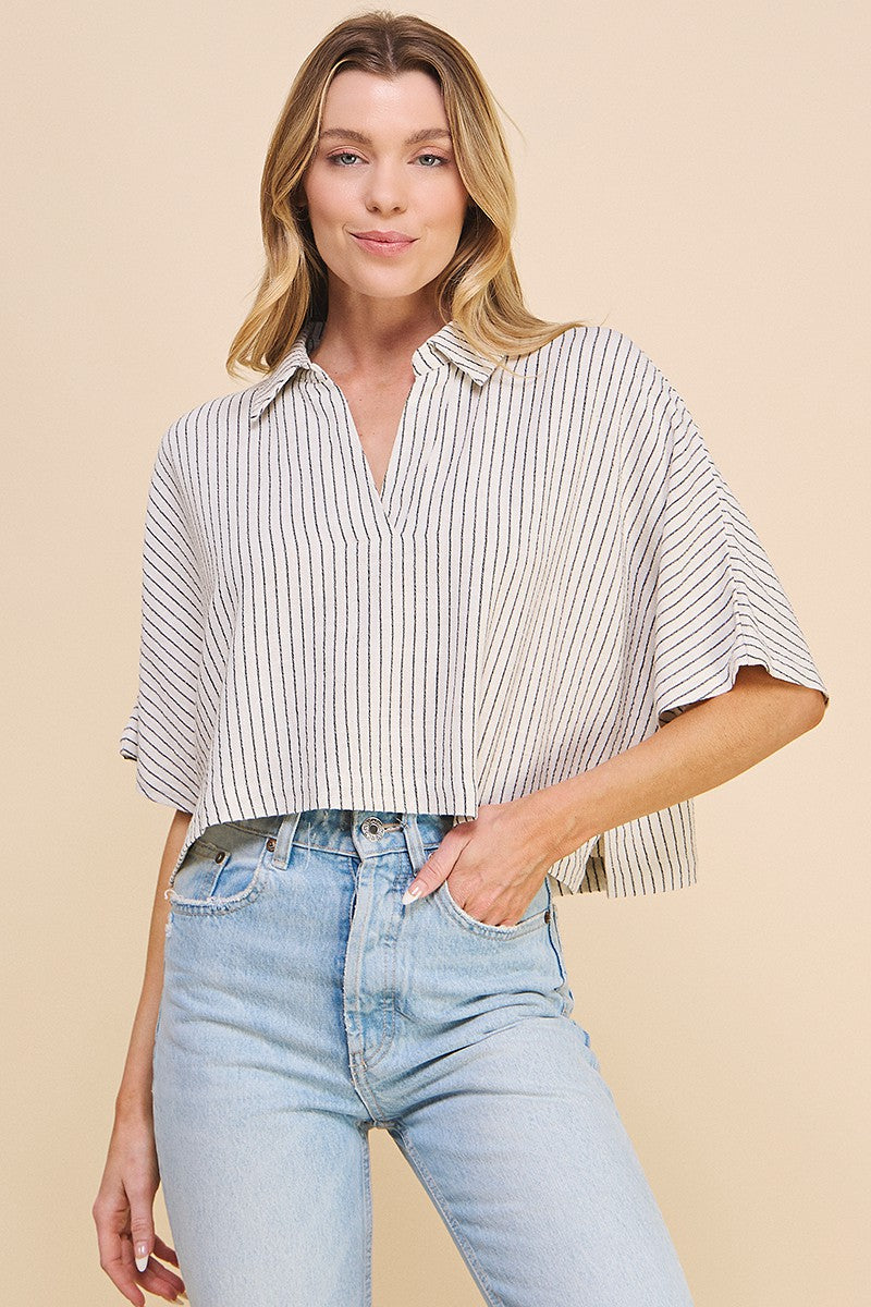 Striped Linen Cropped Dolman Top
