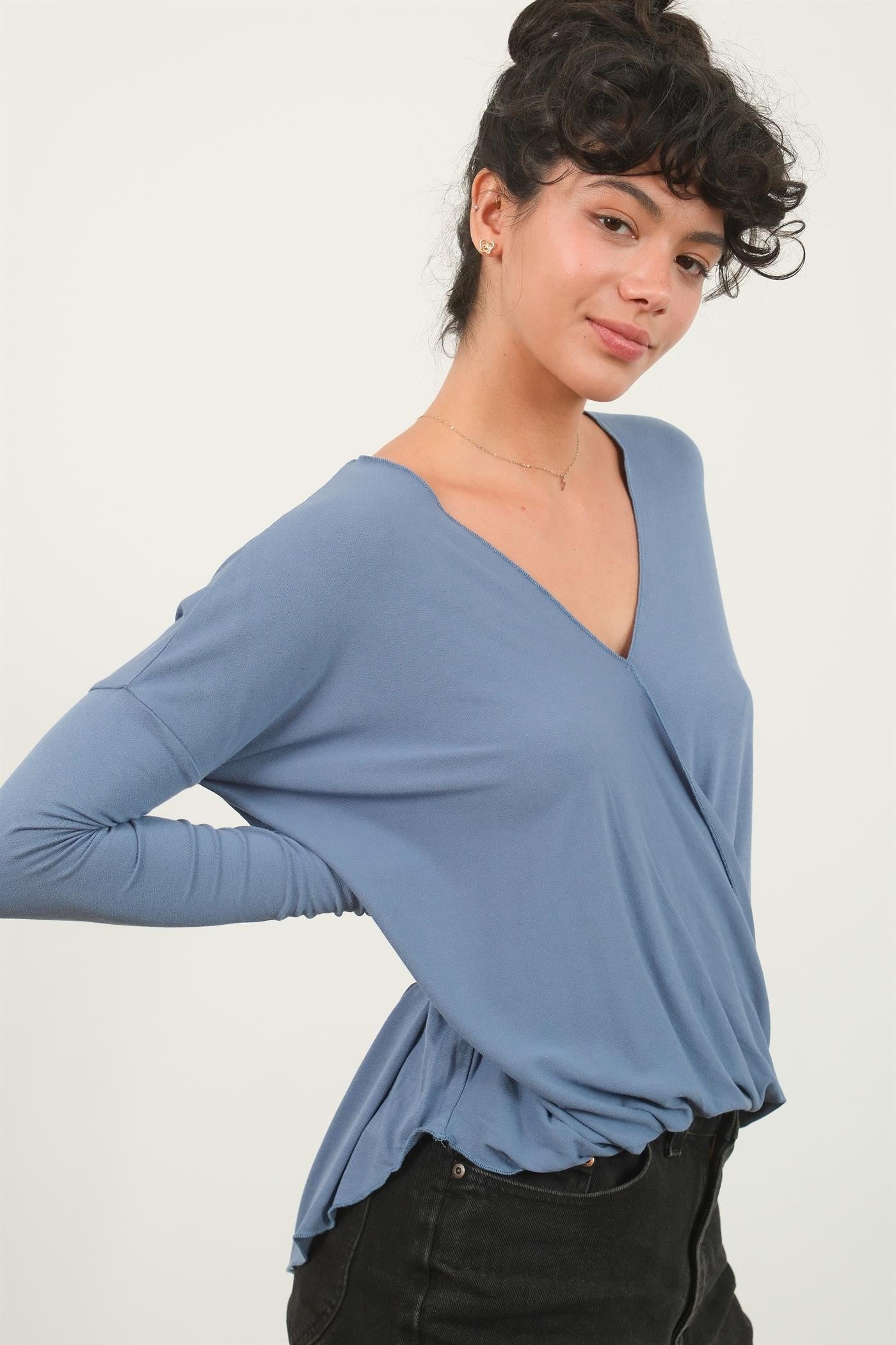 DRAPED LONG SLEEVE SURPLICE TOP BLUE