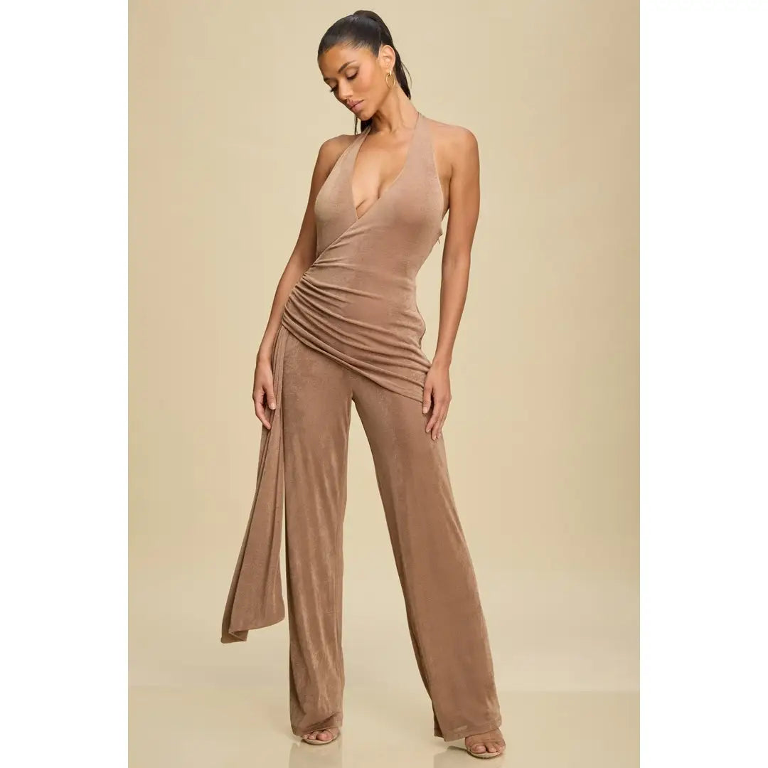 Champagne Mocha Halter Jumpsuit with Draped Detail