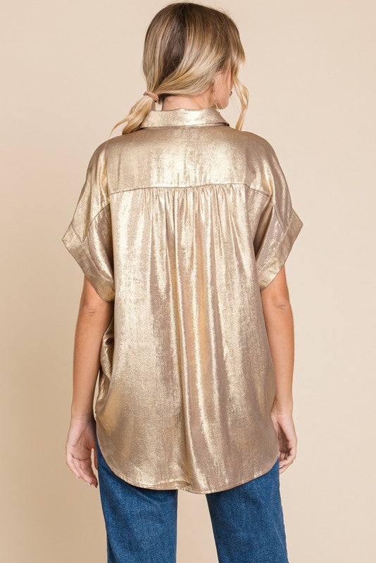 Metallic Collared Button Up Top Nude