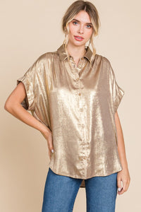 Metallic Collared Button Up Top Nude