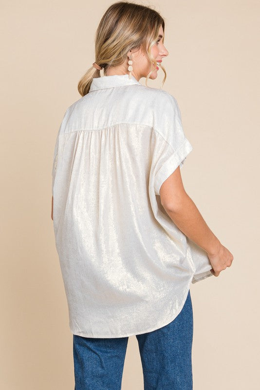 Metallic Collared Button Up Top Silver