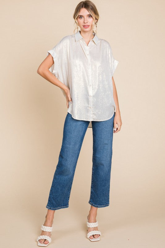 Metallic Collared Button Up Top Silver