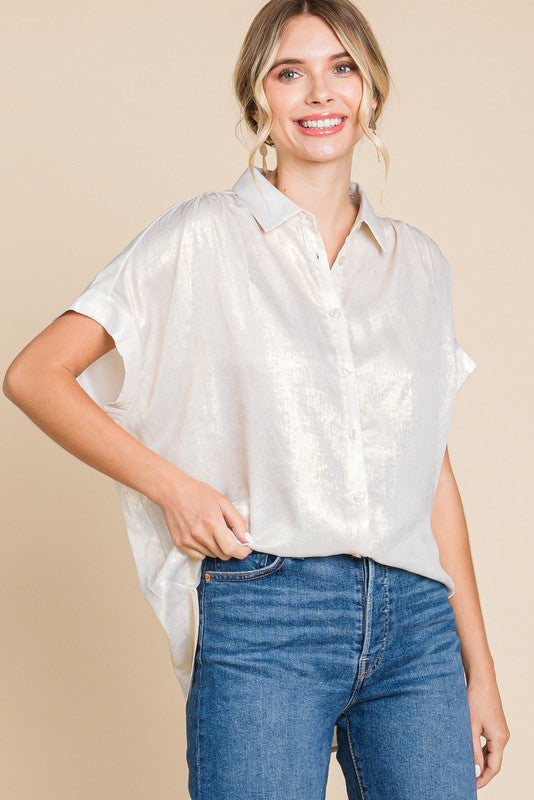 Metallic Collared Button Up Top Silver