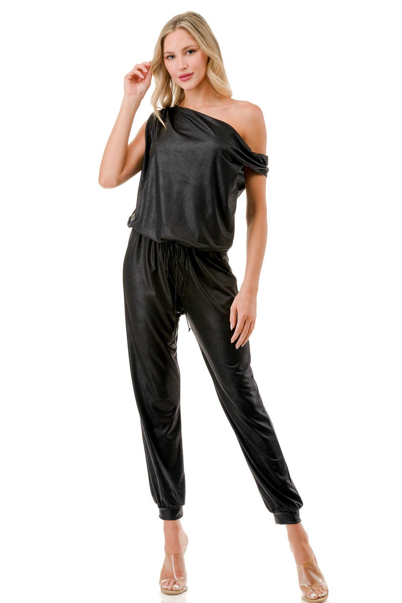 Black One-Shoulder Soft Knit Jumpsuit