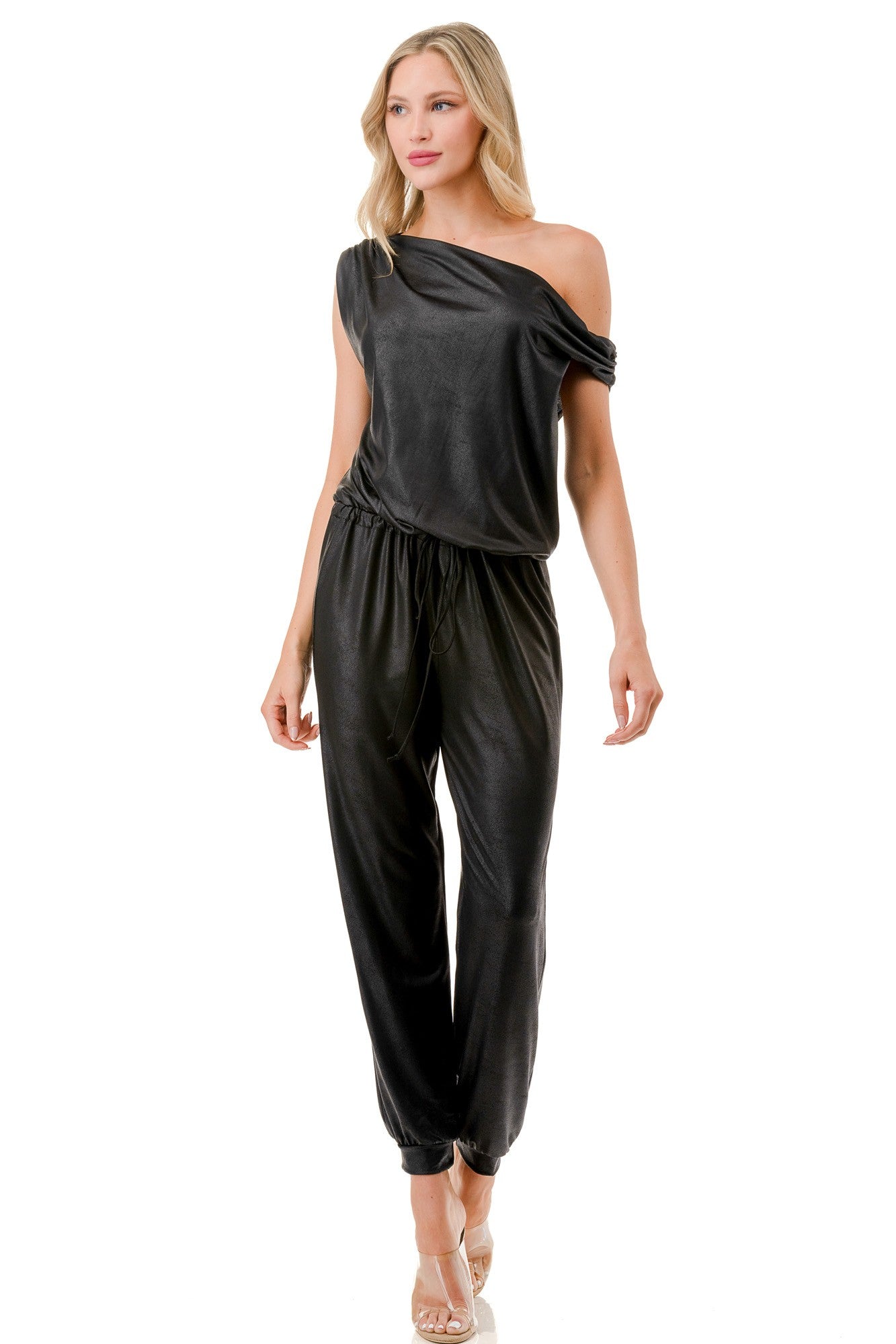 Black One-Shoulder Soft Knit Jumpsuit