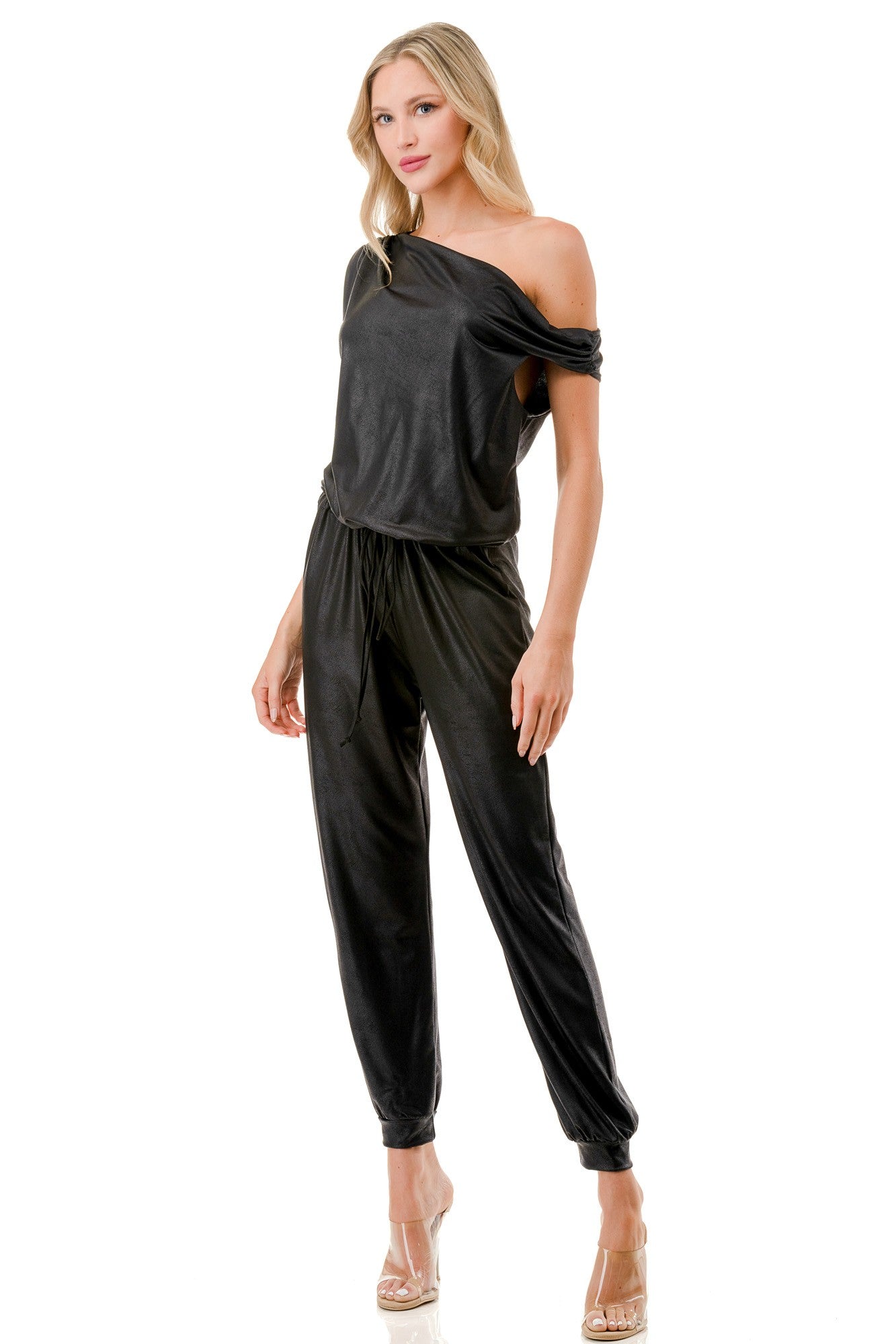 Black One-Shoulder Soft Knit Jumpsuit