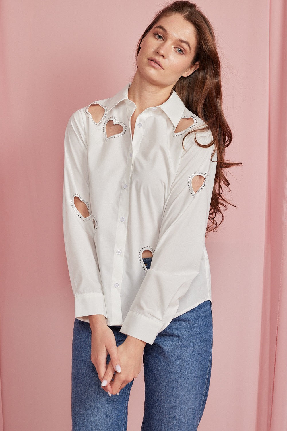 Embellished Heart Cut Out Long Sleeve Blouse
