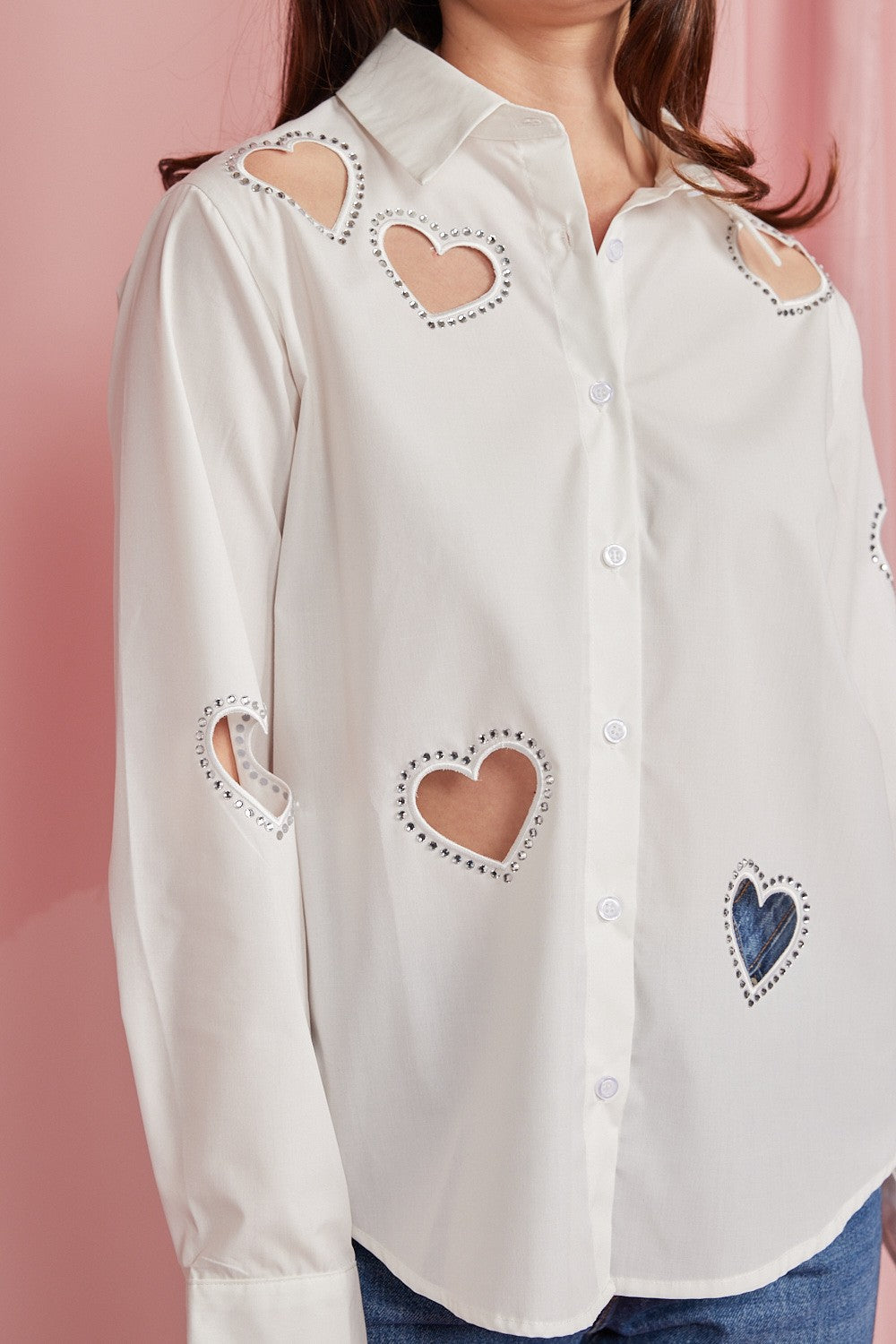 Embellished Heart Cut Out Long Sleeve Blouse