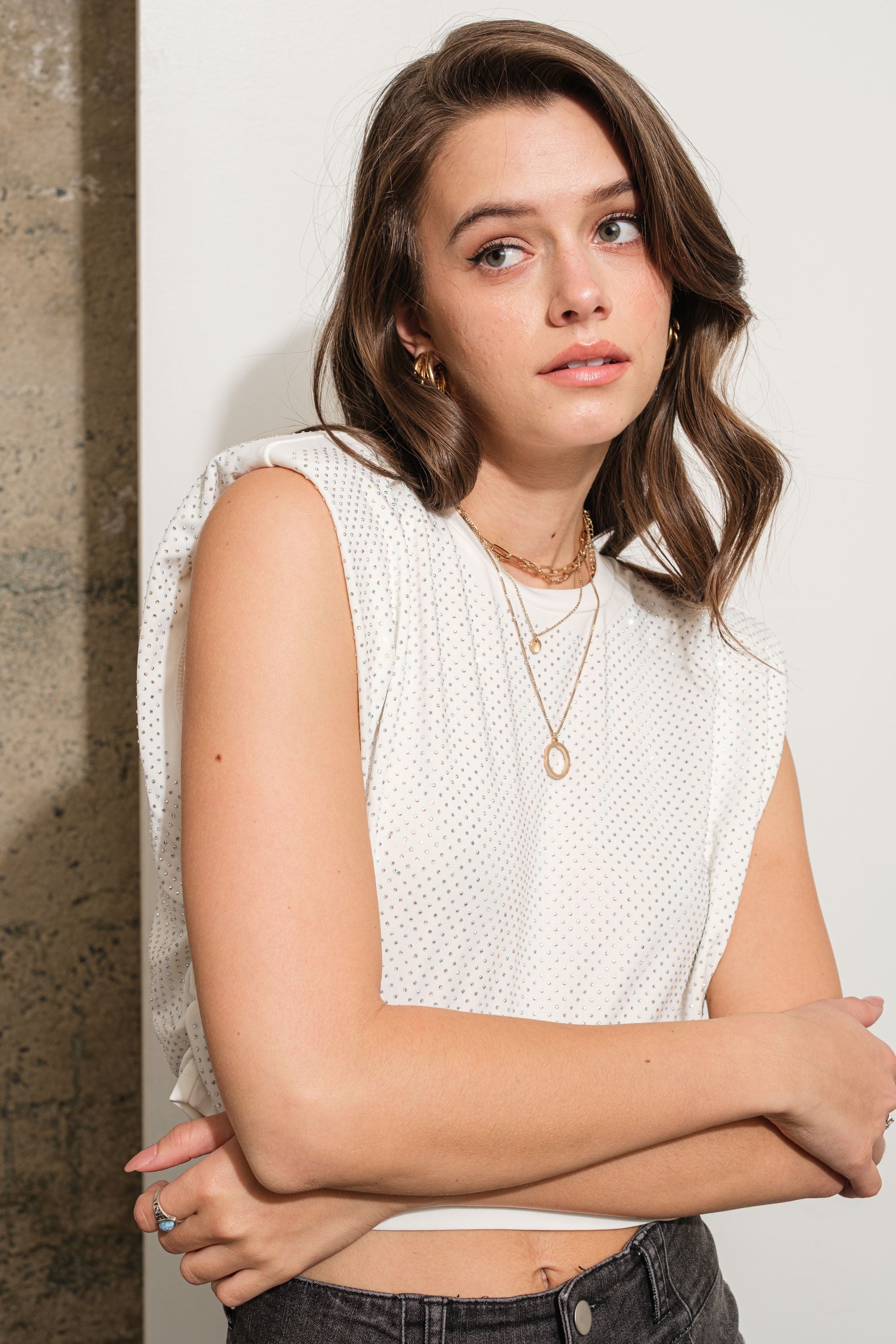 Shoulder Padded Studded Crop Muscle Tee Top White