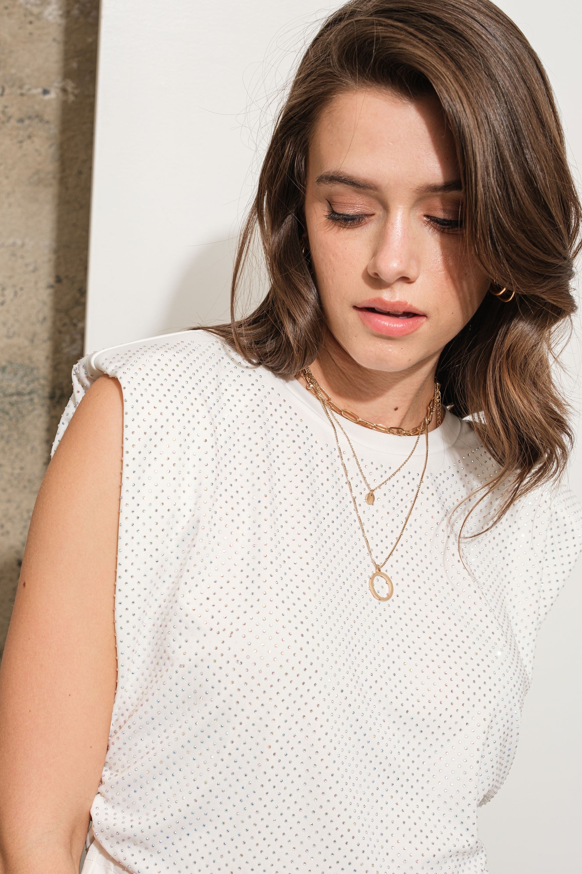 Shoulder Padded Studded Crop Muscle Tee Top White