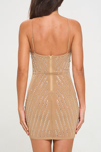 Embellished Bodycon Mini Dress with Rhinestone Detailing - Nude