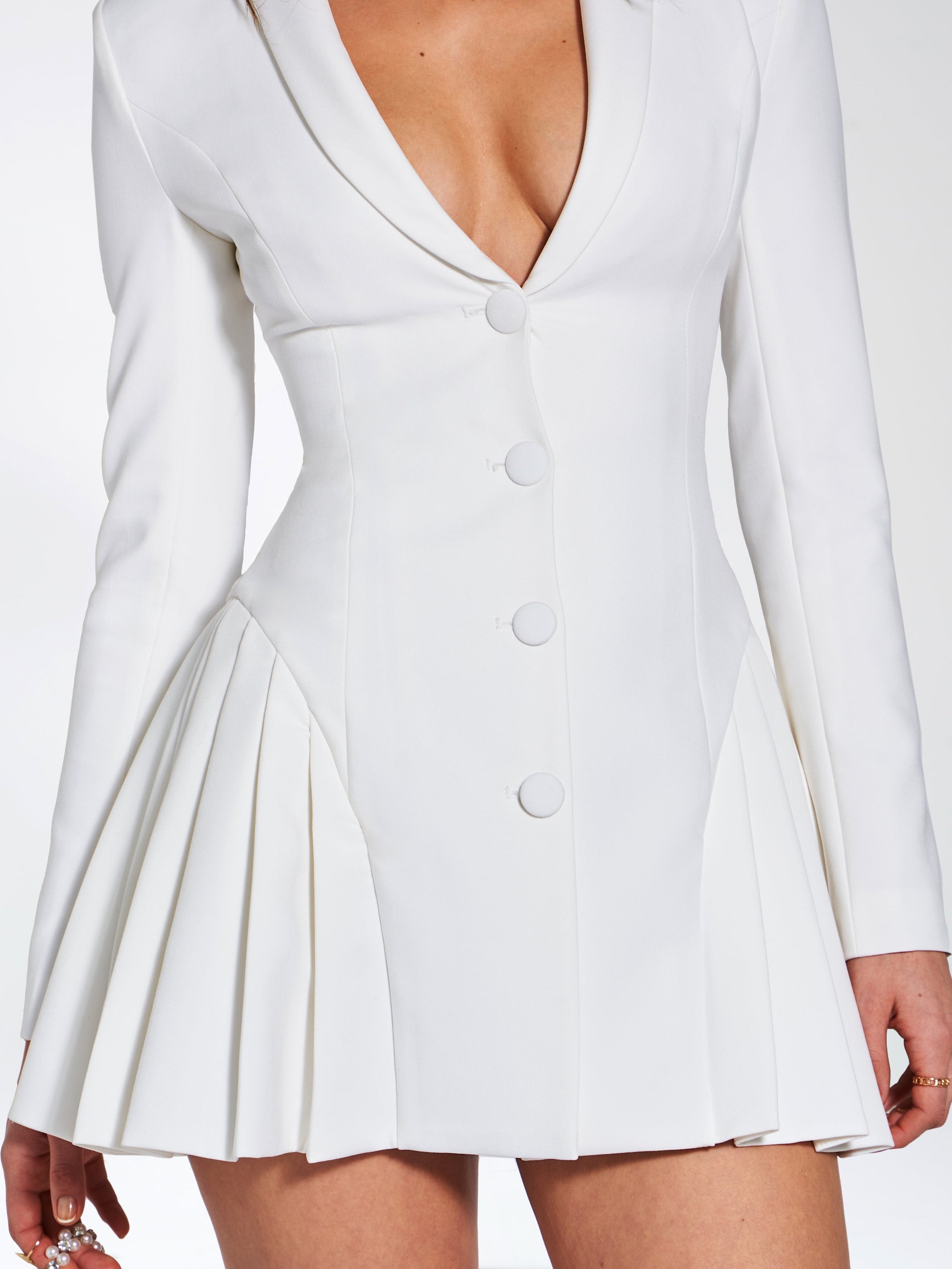 White Blazer Dress with Pleated Detail
