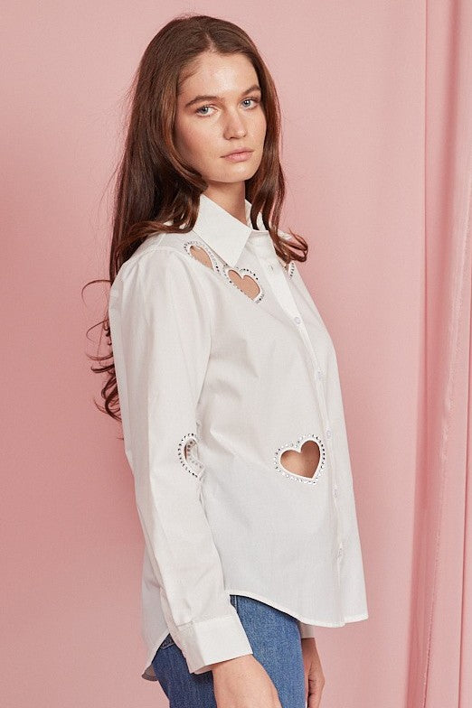 Embellished Heart Cut Out Long Sleeve Blouse