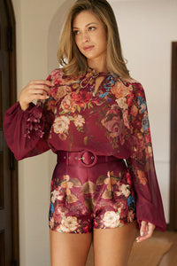 FLORAL LONG SLEEVE BUTTON DOWN BLOUSE AND SHORTS SET