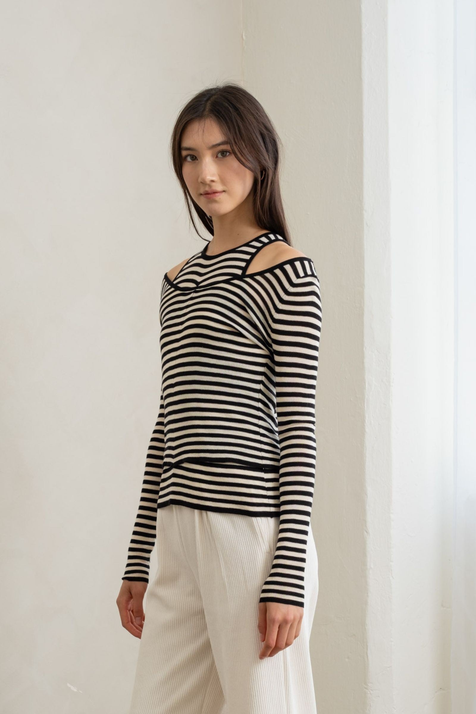 Double-Layer Striped Cold Shoulder Top