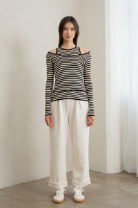 Double-Layer Striped Cold Shoulder Top