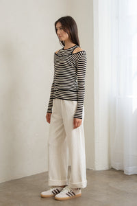 Double-Layer Striped Cold Shoulder Top