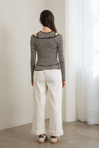 Double-Layer Striped Cold Shoulder Top