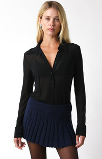 Sheer Black Button-Down Collared Bodysuit
